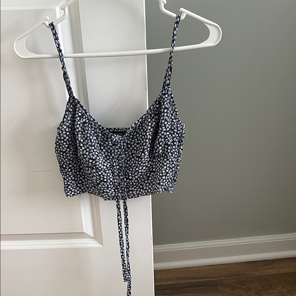 Floral Tie-Front Cropped Cami Top - Blue/White